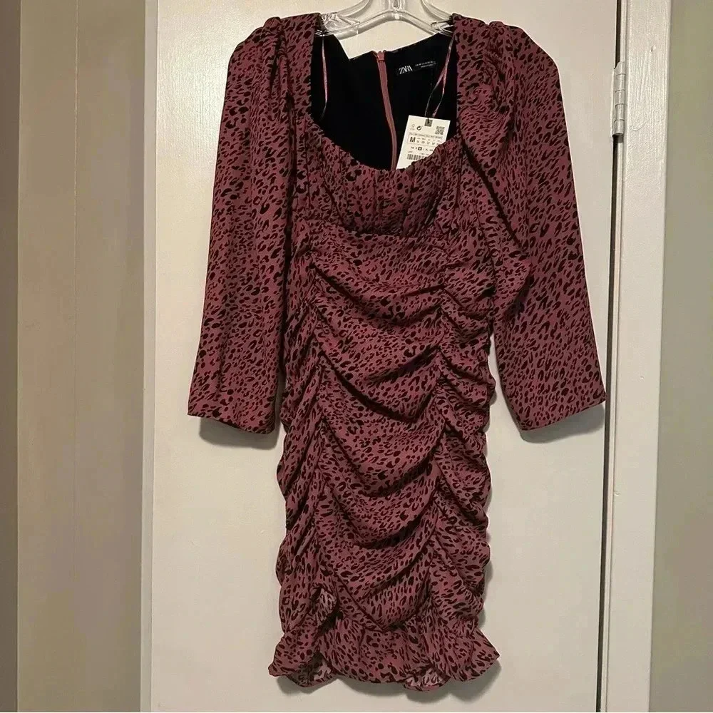 NWT Zara Draped Pink Leopard Print Mini Dress size M - Picture 2 of 7